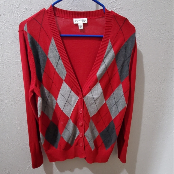 Argyle checkered sweatee cardigan. Red and Gray Button down. Size petite Lg. - Picture 2 of 11